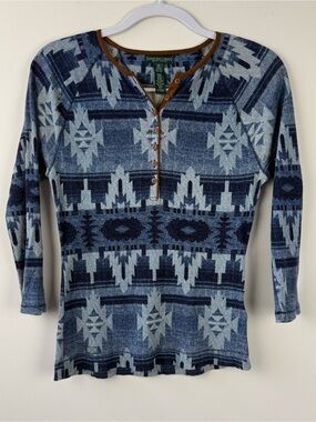 Lauren Ralph Lauren Vintage Y2K Thermal 3/4 Sleeve Top Aztec Native Boho